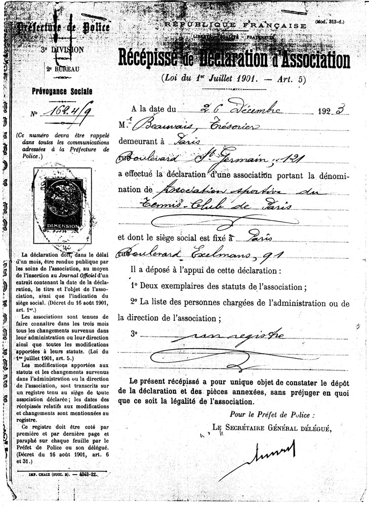 Notre histoire 1 La création du Tennis Club de Paris - statuts